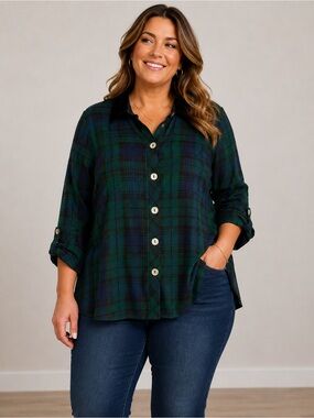 John Mark Boho Button Front Shirt Womens XL Plaid Embroidered Velvet Trim